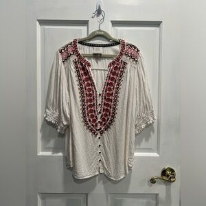 KNOX ROSE White Red Pink 3/4 Sleeve Embroidered V Neck Blouse SZ MEDIUM PreLoved
